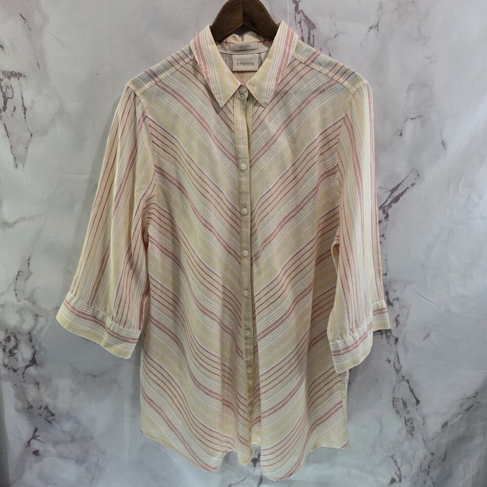Chicos Shirt Womens XL 3 Pink Linen Button Up Striped Button Back Iron Yellow